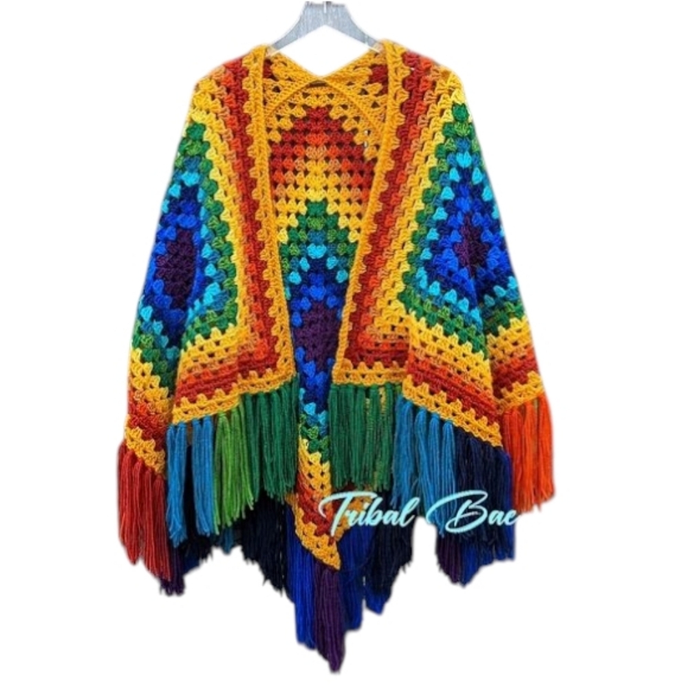 Vintage Style Crochet Granny Square Ruana In Muted Rainbow